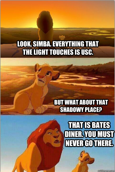 Look, Simba. Everything that the light touches is USC. But what about that shadowy place? That is Bates Diner. You must never go there. - Look, Simba. Everything that the light touches is USC. But what about that shadowy place? That is Bates Diner. You must never go there.  Shadowy Place from Lion King
