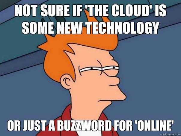 Not sure if 'the cloud' is some new technology Or just a buzzword for 'online'  Futurama Fry