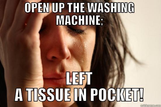 OPEN UP THE WASHING MACHINE; LEFT A TISSUE IN POCKET! First World Problems