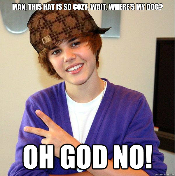 Man, this hat is so cozy. Wait, where's my dog? Oh God No!  Scumbag Beiber