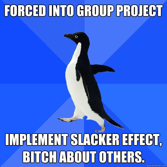 Forced into group project implement slacker effect, bitch about others.   Socially Awkward Penguin