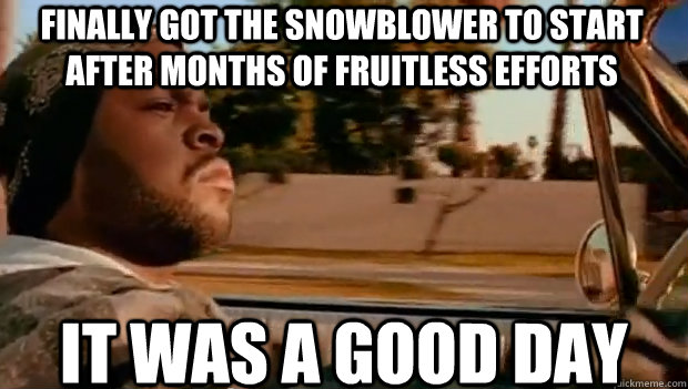 FINALLY GOT THE SNOWBLOWER TO START AFTER MONTHS OF FRUITLESS EFFORTS IT WAS A GOOD DAY  It was a good day