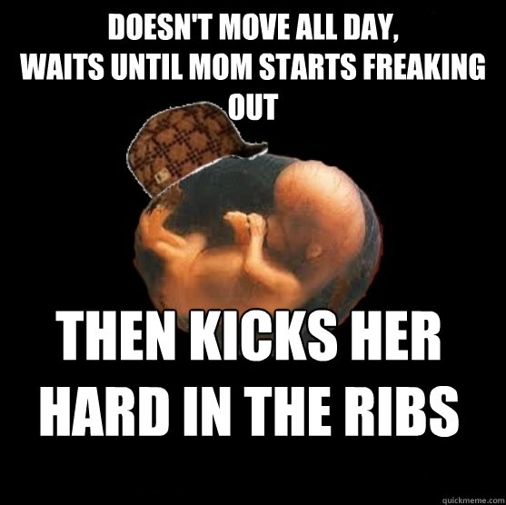 Doesn't move all day,
waits until mom starts freaking out then kicks her hard in the ribs - Doesn't move all day,
waits until mom starts freaking out then kicks her hard in the ribs  Scumbag Fetus