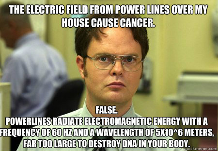 The electric field from power lines over my house cause cancer.  False.
Powerlines radiate electromagnetic energy with a frequency of 60 Hz and a wavelength of 5x10^6 meters, far too large to destroy DNA in your body.   Schrute