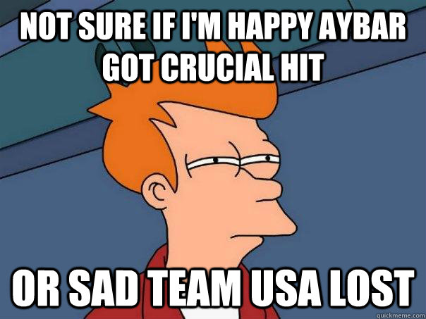 Not sure if I'm happy Aybar got crucial hit or sad team usa lost  Futurama Fry