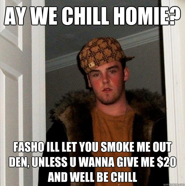 Ay we chill homie? Fasho ill let you smoke me out den, unless u wanna give me $20 and well be chill  Scumbag Steve