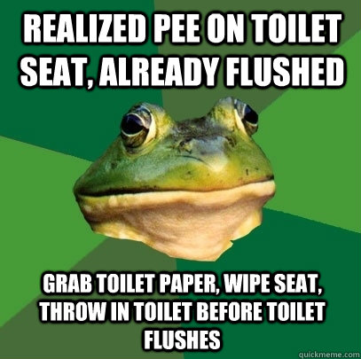 realized pee on toilet seat, already flushed grab toilet paper, wipe seat, throw in toilet before toilet flushes  Foul Bachelor Frog