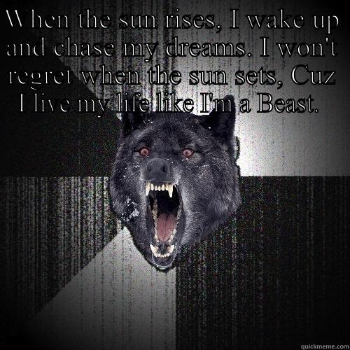 WHEN THE SUN RISES, I WAKE UP AND CHASE MY DREAMS. I WON'T REGRET WHEN THE SUN SETS, CUZ I LIVE MY LIFE LIKE I'M A BEAST.   Insanity Wolf
