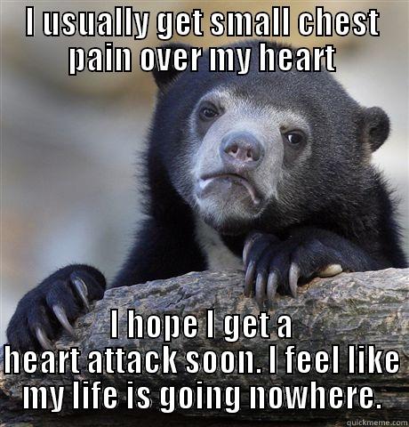 I USUALLY GET SMALL CHEST PAIN OVER MY HEART I HOPE I GET A HEART ATTACK SOON. I FEEL LIKE MY LIFE IS GOING NOWHERE. Confession Bear