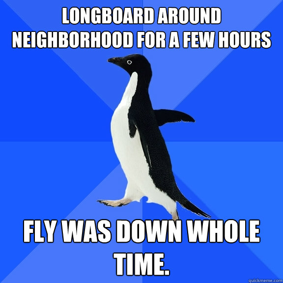 Longboard around neighborhood for a few hours Fly was down whole time.  Socially Awkward Penguin