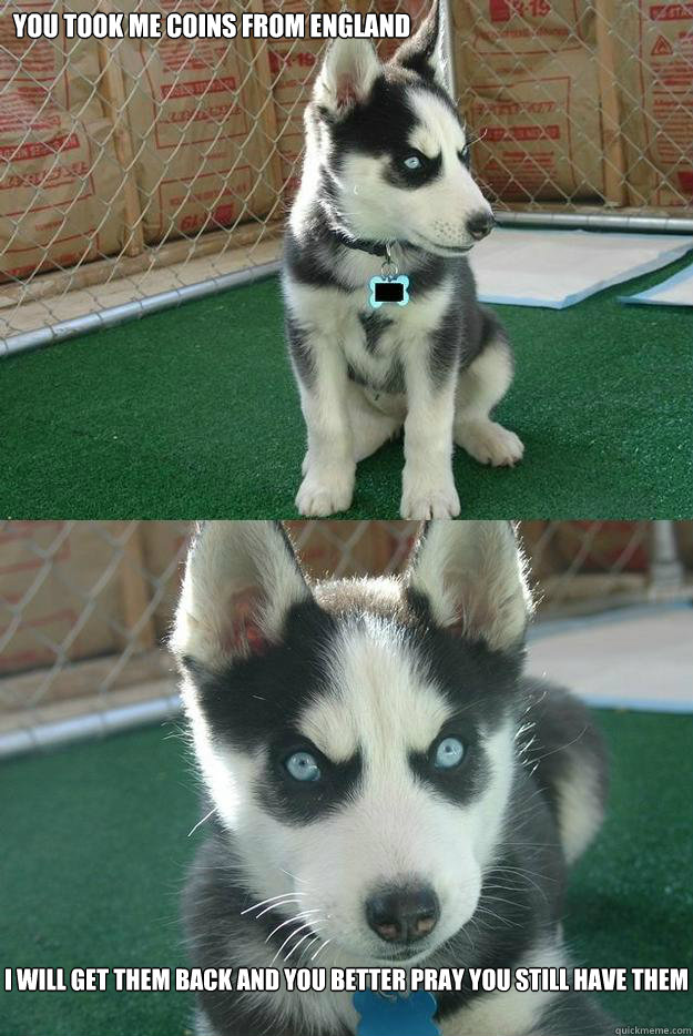 You took me coins from England I will get them back and you better pray you still have them  Insanity puppy