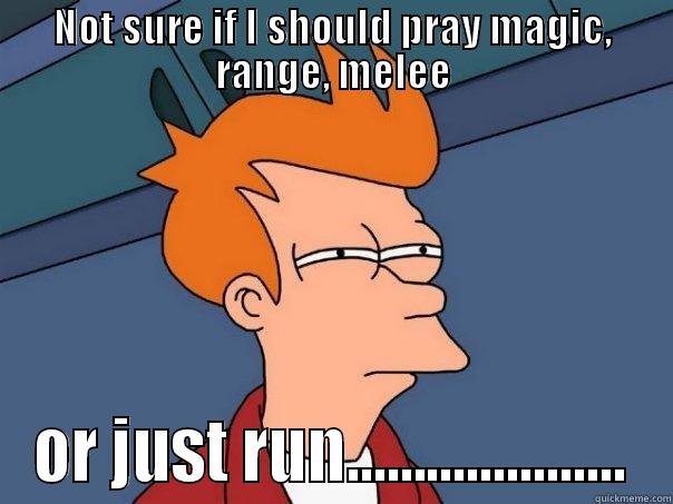 NOT SURE IF I SHOULD PRAY MAGIC, RANGE, MELEE OR JUST RUN..................... Futurama Fry