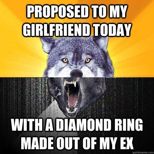 proposed to my girlfriend today with a diamond ring made out of my ex - proposed to my girlfriend today with a diamond ring made out of my ex  Courage-Insanity Wolf