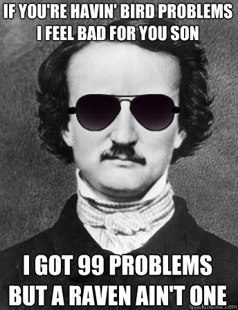 If you're havin' bird problems I feel bad for you son I got 99 problems but a raven ain't one - If you're havin' bird problems I feel bad for you son I got 99 problems but a raven ain't one  Edgar Allan Bro