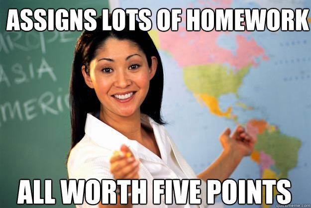 assigns lots of homework all worth five points  Unhelpful High School Teacher