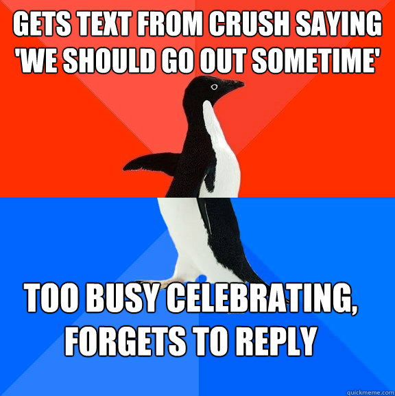 Gets text from crush saying 'we should go out sometime' too busy celebrating, forgets to reply  Socially Awesome Awkward Penguin