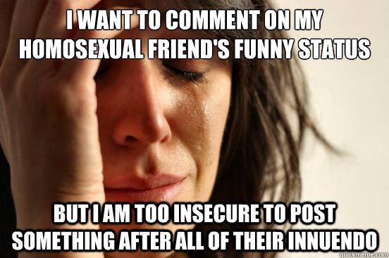 I want to comment on my homosexual friend's funny status but I am too insecure to post something after all of their innuendo  First World Problems