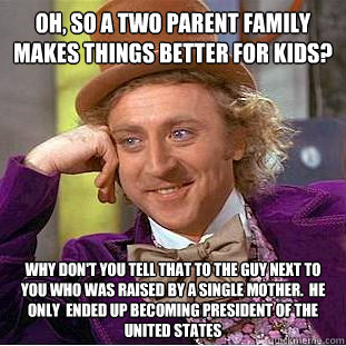Oh, so a two parent family makes things better for kids? Why don't you tell that to the guy next to you who was raised by a single mother.  He only  ended up becoming President of the United States - Oh, so a two parent family makes things better for kids? Why don't you tell that to the guy next to you who was raised by a single mother.  He only  ended up becoming President of the United States  Condescending Wonka