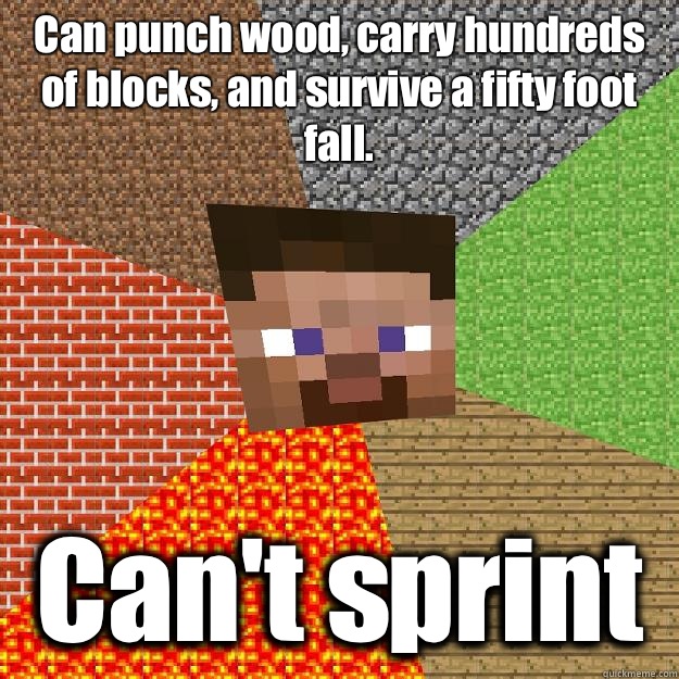Can punch wood, carry hundreds of blocks, and survive a fifty foot fall. Can't sprint  Minecraft