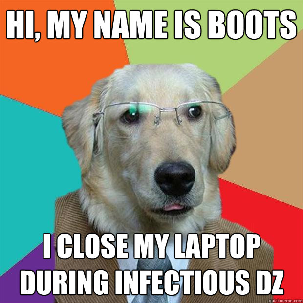 hi, my name is boots i close my laptop during infectious dz  Business Dog