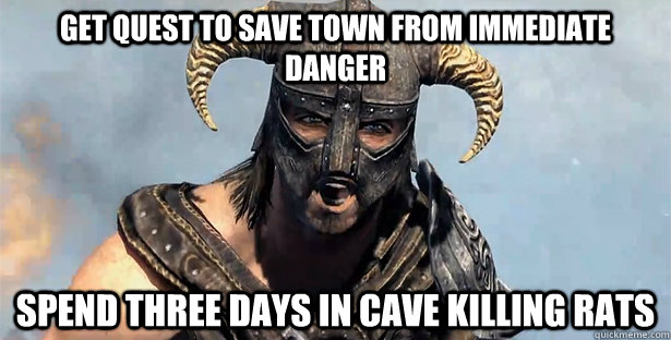 Get Quest to save town from Immediate danger Spend three days in cave killing rats  Skyrim time wasting
