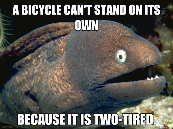 A bicycle can't stand on its own 
 because it is two-tired.  Bad Joke Eel