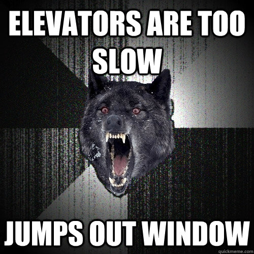 Elevators are too slow Jumps out window  Insanity Wolf