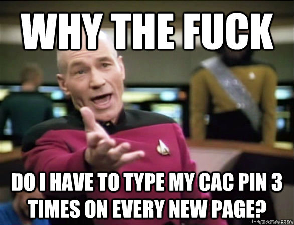 Why the fuck do i have to type my cac pin 3 times on every new page?  Annoyed Picard HD