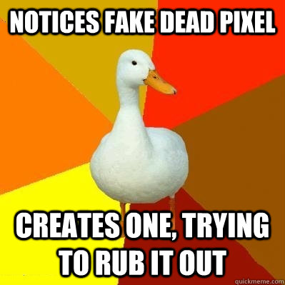 Notices fake dead pixel Creates one, trying to rub it out  Tech Impaired Duck