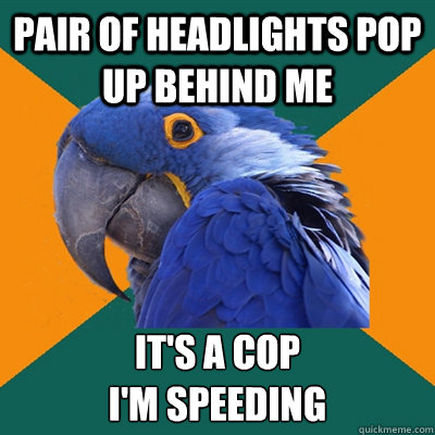 Pair of headlights pop up behind me It's a cop
I'm speeding  Paranoid Parrot