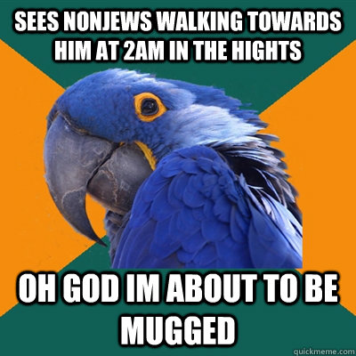 Sees nonjews walking towards him at 2am in the hights   Oh god im about to be mugged   Paranoid Parrot
