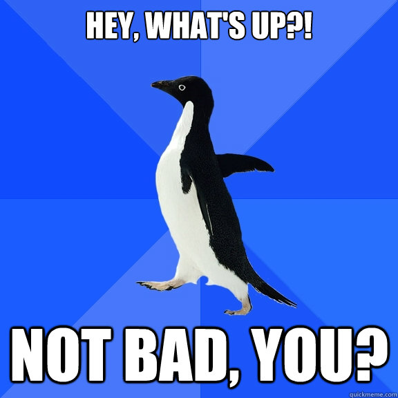 Hey, what's up?! Not bad, you?  Socially Awkward Penguin