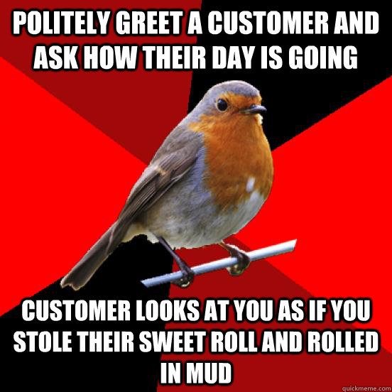 Politely greet a customer and ask how their day is going customer looks at you as if you stole their sweet roll and rolled in mud  retail robin