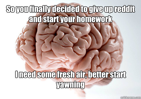 So you finally decided to give up reddit and start your homework I need some fresh air, better start yawning  Scumbag Brain