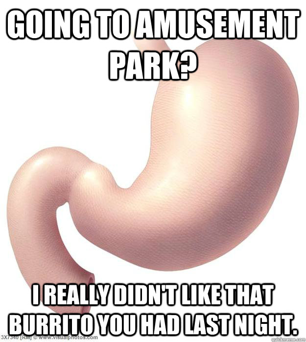 Going to amusement park? I really didn't like that burrito you had last night.  Scumbag Stomach