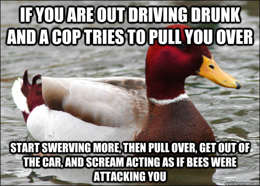 If you are out driving drunk and a cop tries to pull you over start swerving more, then pull over, get out of the car, and scream acting as if bees were attacking you  Malicious Advice Mallard