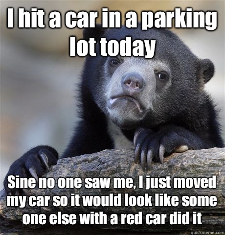 I hit a car in a parking lot today  Sine no one saw me, I just moved my car so it would look like some one else with a red car did it  Confession Bear