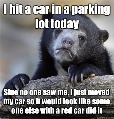 I hit a car in a parking lot today  Sine no one saw me, I just moved my car so it would look like some one else with a red car did it - I hit a car in a parking lot today  Sine no one saw me, I just moved my car so it would look like some one else with a red car did it  Confession Bear