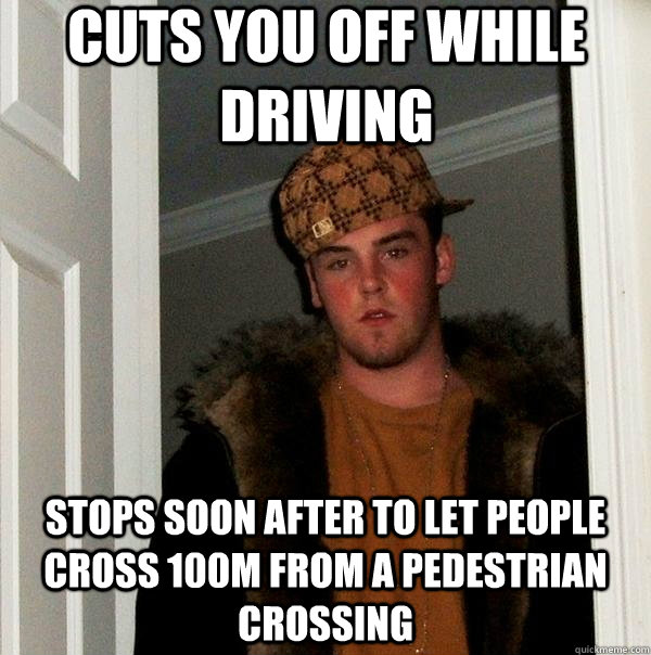 Cuts you off while driving Stops soon after to let people cross 100m from a pedestrian crossing  Scumbag Steve