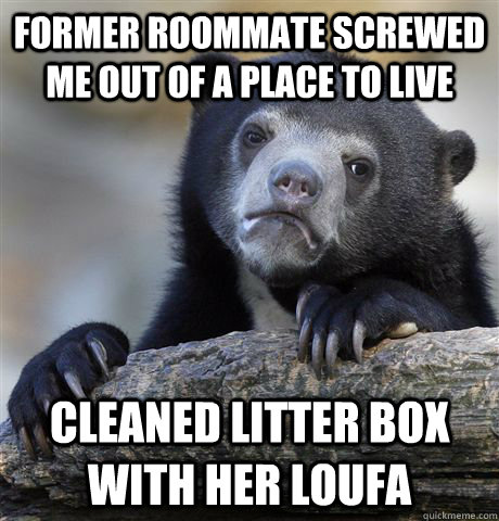 Former roommate screwed me out of a place to live Cleaned litter box with her loufa  Confession Bear
