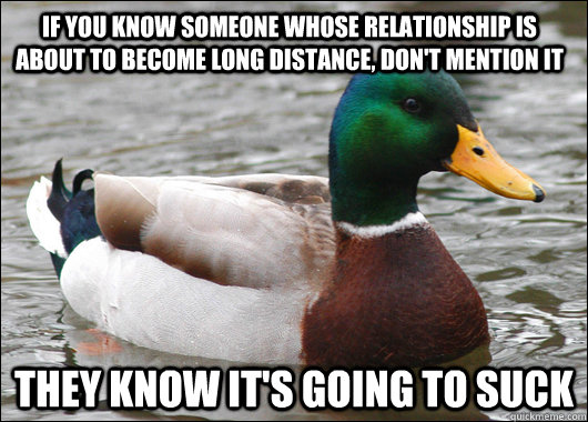 If you know someone whose relationship is about to become long distance, Don't mention it They know it's going to suck  Actual Advice Mallard