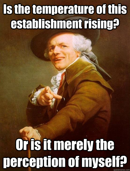 Is the temperature of this establishment rising? Or is it merely the perception of myself? - Is the temperature of this establishment rising? Or is it merely the perception of myself?  joseph ducruex