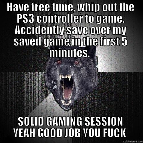 HAVE FREE TIME, WHIP OUT THE PS3 CONTROLLER TO GAME. ACCIDENTLY SAVE OVER MY SAVED GAME IN THE FIRST 5 MINUTES.  SOLID GAMING SESSION YEAH GOOD JOB YOU FUCK  Insanity Wolf