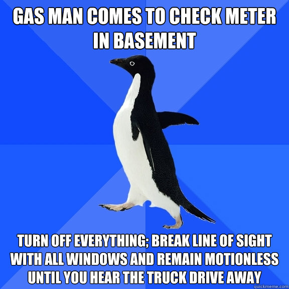 Gas man comes to check meter in basement Turn off everything; break line of sight with all windows and remain motionless until you hear the truck drive away  Socially Awkward Penguin