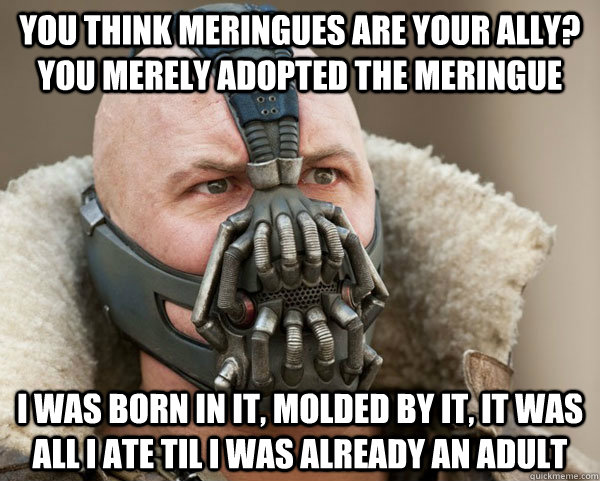 You think meringues are your ally? you merely adopted the meringue I was born in it, molded by it, it was all i ate til i was already an adult  Bane Connery