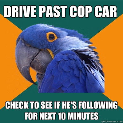 Drive past cop car check to see if he's following for next 10 minutes  Paranoid Parrot