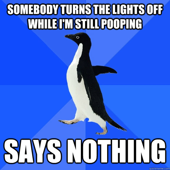 Somebody turns the lights off while I'm still pooping Says Nothing  Socially Awkward Penguin
