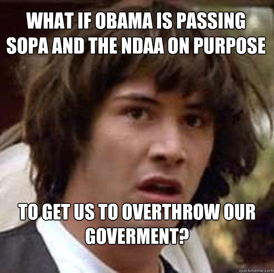 What if Obama is passing Sopa and the Ndaa on purpose to get us to overthrow our goverment?  conspiracy keanu
