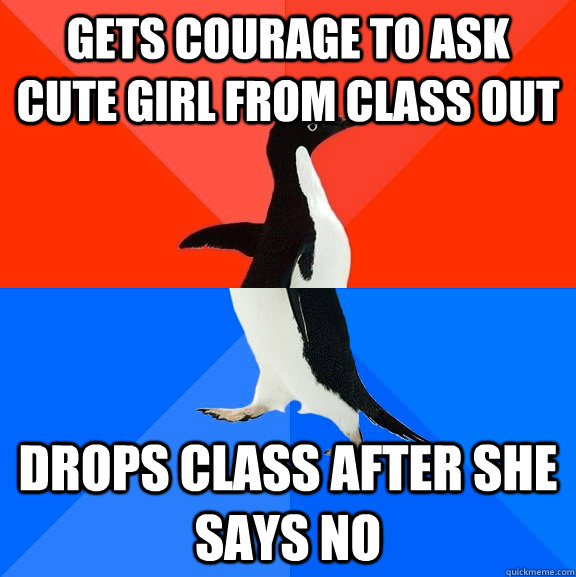 Gets courage to ask cute girl from class out Drops class after she says no  Socially Awesome Awkward Penguin