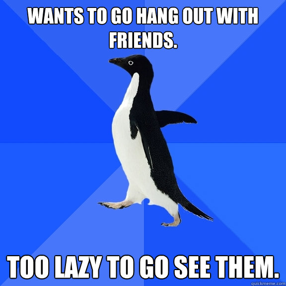 wants to go hang out with friends. too lazy to go see them.  Socially Awkward Penguin